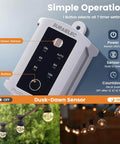 Dusk To Dawn Outdoor Timer Switch With Photocell Sensor, 15 Amp 120V shown with control buttons and outdoor light setup