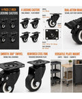 4 Pack 2 Inch Swivel Plate Casters With Dual Lock Brakes And Durable Polyurethane Wheels For Rolling Carts Workbenches Cabinets showing locking casters and detailed dimensions.