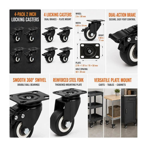 4 Pack 2 Inch Swivel Plate Casters With Dual Lock Brakes And Durable Polyurethane Wheels For Rolling Carts Workbenches Cabinets showing locking casters and detailed dimensions.