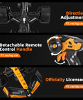McLaren F1 Licensed 1/14 Remote Control Car parts showcasing direction adjustment, detachable handle, official license detail.