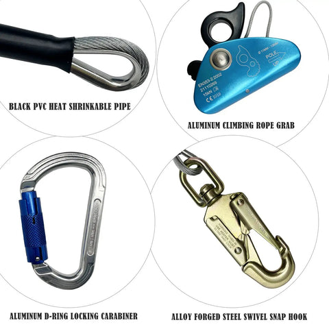 Close-up of Pro Grade Tree Climbing Flipline Kit with steel core, aluminum rope grab, D-ring locking carabiner, and swivel snap hook.