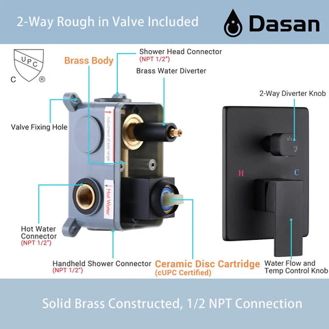 2-way valve with solid brass construction for Ceiling Shower System With 12 Inch Rain Head Handheld And Body Spray Kit Glossy Black Ceiling Mount