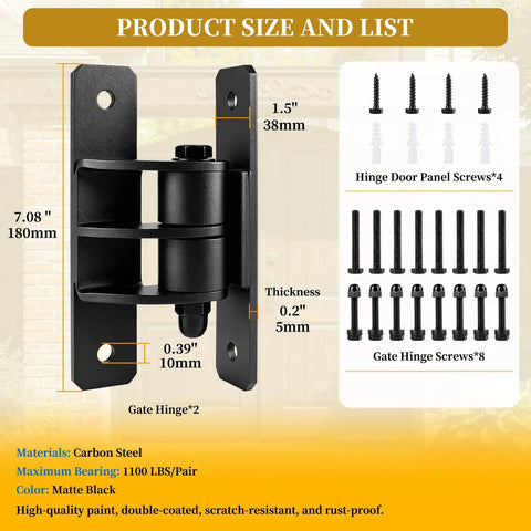 Beefy 7 Inch Heavy Duty Gate Hinges With 1100 Lbs Capacity for outdoor doors, shown with dimensions and screws included.