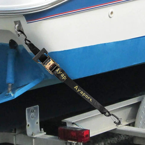 Heavy Duty Boat Trailer Transom Tie Down Ratchet Straps With S Hooks Lock Down Jet Skis Kayaks And Canoes Featuring Beast Mode Strength Four Foot Long Thick Nylon Webbing Grip Tight For Safe Watercraft Hauling Pack Of Two secured to boat transom