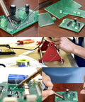 Soldering practice on green FR-4 32 Pcs Double Sided PCB Board Kit with components, showing various sizes and Arduino compatibility.