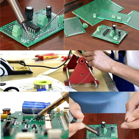 Soldering practice on green FR-4 32 Pcs Double Sided PCB Board Kit with components, showing various sizes and Arduino compatibility.