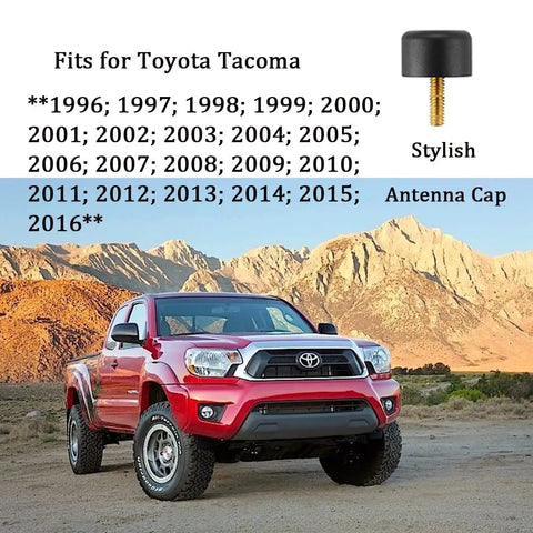 Toyota Tacoma with Antenna Delete Cap Kit, backdrop of desert mountains, focus on No Frills Aluminum T6061 Low Profile cap.