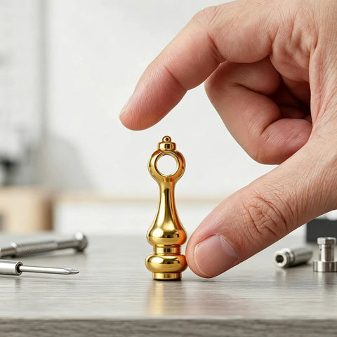 Hand holding part of Golden Zinc Alloy Gallery Rail Fittings Kit For Glass Cabinets With Enhanced Stability Connection