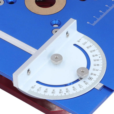 Dead On Aluminum Router Table Insert Plate That Clicks Securely Into Woodworking Rigs Matching Sixty Four To Sixty Five Mm Motors And Dishing Out Fifty One Mm Lift Stroke In Bold Blue angle view with measuring scale