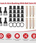 4 Piece Front A Arm Bushing With Ball Joint Kit For Polaris Sportsman 550 850 850 XP 1000 XP 2009 2025 OEM Part Number 5137346 ATV Suspension Upgrade Beefed Up Durable Heavy Duty Replacement Kit, kit parts laid out