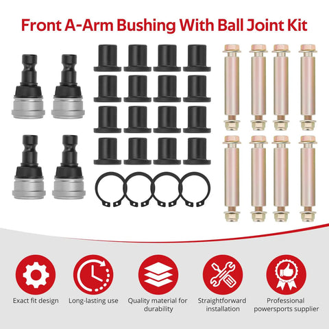 4 Piece Front A Arm Bushing With Ball Joint Kit For Polaris Sportsman 550 850 850 XP 1000 XP 2009 2025 OEM Part Number 5137346 ATV Suspension Upgrade Beefed Up Durable Heavy Duty Replacement Kit, kit parts laid out