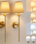 No Wiring Hassle Battery Operated Wall Sconces Set Of Two With Remote Control Adjustable 3CCT Led Lighting gold finish and fabric shades