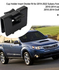 Subaru Cup Holder Insert Divider shown in use with Forester 2014-2022, Legacy 2010-2014, Outback 2010-2014 Center Console Organizer