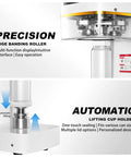 Close-up view of Commercial Can Sealer Machine Automatic Cup Sealer Five Station Beverage Packaging showing edge banding roller and cup holder.