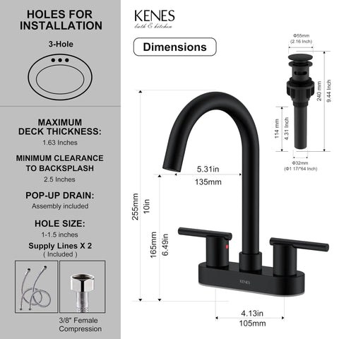 Diagram of 4 Inch Centerset Matte Black Two Handle Bathroom Faucet with Pop Up Drain and Two Water Supply Lines, Modern Commercial Style