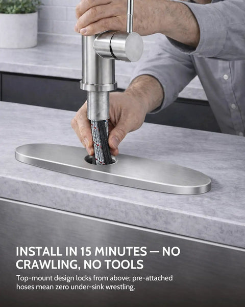 Pull Down Kitchen Faucet With Soap Dispenser Brushed Nickel Finish installation process with pre-attached hoses.