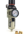 Three-Eighths Inch Air Filter Regulator Combo With Gauge for Pneumatic Lines, showing brass filter, gauge, and connectors