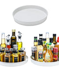 White 10-inch Lazy Susan turntable tray, 3-pack, shown filled with spices and bottles for cabinet/kitchen organization.