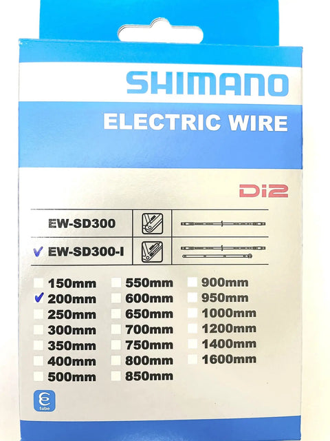 Packaging of E-Tube Di2 EW-SD300 Electric Shift Wire 200mm for road bikes, highlighting specifications and length options.