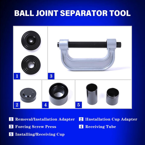 Ball Joint Removal Tool Kit 10 Piece For Most 2WD And 4WD Cars And Light Trucks with adapter and press tools displayed