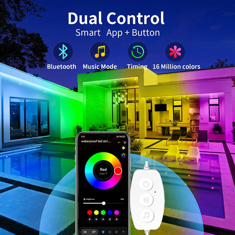 RGB Music Sync LED Strip Lights Waterproof IP68 lit up on modern patio with phone app and remote in foreground