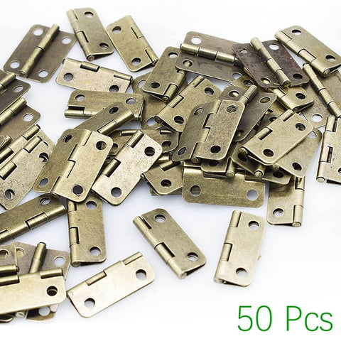 Antique Bronze Mini Hinges 25x19mm 50 Pack With 200 Matching Screws for DIY wooden projects and jewelry boxes.