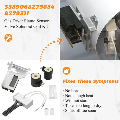 Upgraded Gas Dryer Repair Kit With Igniter And Gas Valve Coils For Whirlpool Kenmore Dryers WP338906 338906 Flame Sensor 279311 279834 Replaces AP3094251 PS334310 components display