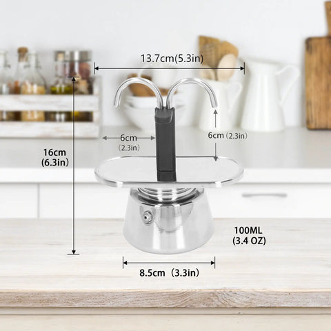 Heavy Duty Stainless Steel Moka Pot For Two With Dual Spout Stovetop Espresso Maker, dimensions displayed on kitchen counter.