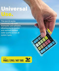 Hassle Free Swimming Pool And Spa Water Test Kit For Chlorine Bromine And Ph Including 100 Straightforward Drops, hand holding color test kit over pool.