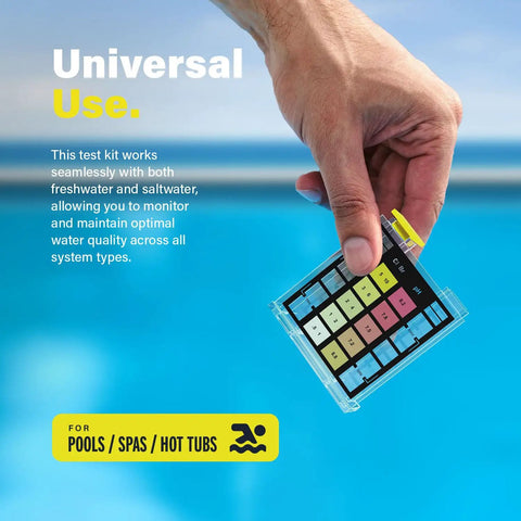 Hassle Free Swimming Pool And Spa Water Test Kit For Chlorine Bromine And Ph Including 100 Straightforward Drops, hand holding color test kit over pool.