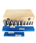 18 Piece CNC Keyway Broach Set With Bushing Shim Kit For Half To One And A Half Inch Sizes with wooden box on white background