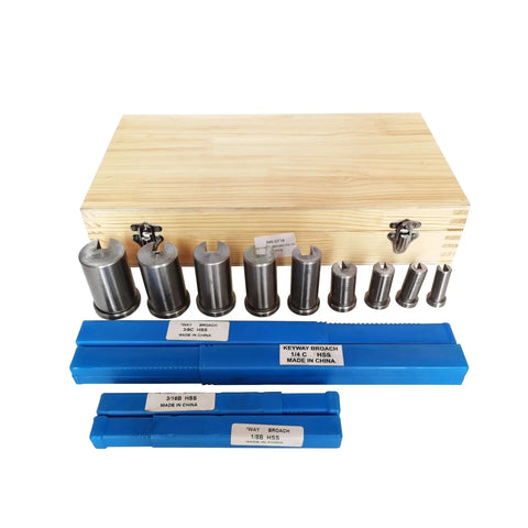 18 Piece CNC Keyway Broach Set With Bushing Shim Kit For Half To One And A Half Inch Sizes with wooden box on white background