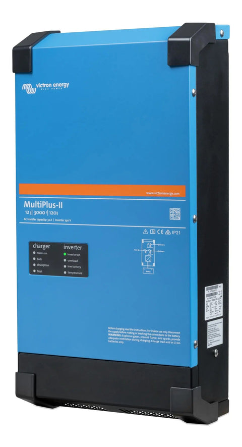 Front view of MultiPlus-II Pure Sine Wave Inverter Charger for 12-Volt Systems, 3000VA 120V Output, 120Ah Battery Ready