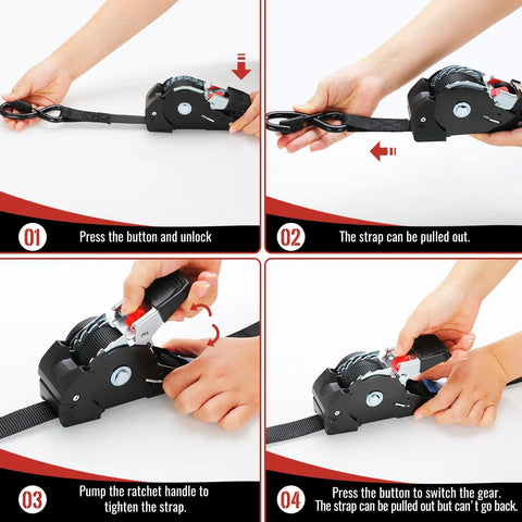 Heavy Duty Self Retracting Ratchet Tie Downs One Inch By Ten Foot 4 Pack 1650 Lb shown in use, demonstrating strap locking features.