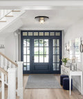 Entryway with modern chandelier and decorative console, featuring Gold Brushed Brass Sputnik Ceiling Mount 8 Light Chandelier Modern Flush Mount For Dining Room Living Room Bedroom And Kitchen Ideal For Low Ceiling Spaces With A 30 Inch Wide Span And 6.89 Inch Height.