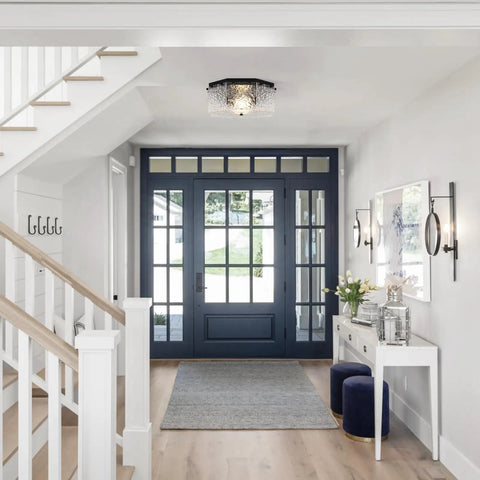 Entryway with modern chandelier and decorative console, featuring Gold Brushed Brass Sputnik Ceiling Mount 8 Light Chandelier Modern Flush Mount For Dining Room Living Room Bedroom And Kitchen Ideal For Low Ceiling Spaces With A 30 Inch Wide Span And 6.89 Inch Height.