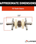 Exact-Match Replacement Gear Pack Assembly For RV Slide-Out 2.5 By 2.5 Inch showing 15-tooth gear dimensions