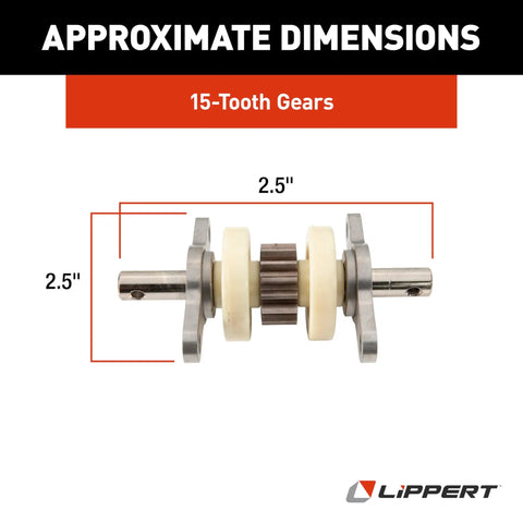 Exact-Match Replacement Gear Pack Assembly For RV Slide-Out 2.5 By 2.5 Inch showing 15-tooth gear dimensions