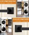 Matte Black Dummy Door Levers Interior Handles for Closets and Pantry Doors, Heavy Duty Non Turning Reversible Levers for Left or Right Handed Doors, 10 Pack Contractor Pack installed on a white door with a laundry room in the background.