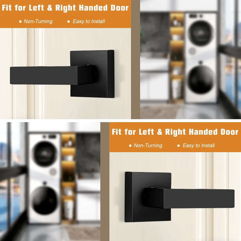 Matte Black Dummy Door Levers Interior Handles for Closets and Pantry Doors, Heavy Duty Non Turning Reversible Levers for Left or Right Handed Doors, 10 Pack Contractor Pack installed on a white door with a laundry room in the background.