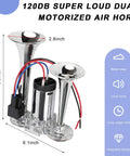 Riproaring 12V Dual Electric Air Horn Street Ready Kit With Heavy Duty Compressor And Waterproof Silver Trumpets And Killer 120 DB Train Style Honk For Cars Trucks Motorcycles Suv And Boat, showing dual trumpets and motor specs.