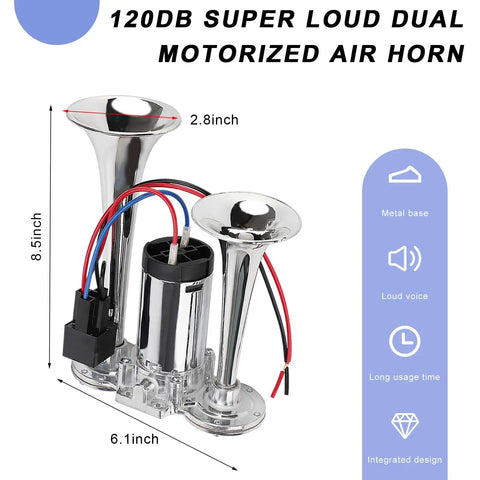 Riproaring 12V Dual Electric Air Horn Street Ready Kit With Heavy Duty Compressor And Waterproof Silver Trumpets And Killer 120 DB Train Style Honk For Cars Trucks Motorcycles Suv And Boat, showing dual trumpets and motor specs.