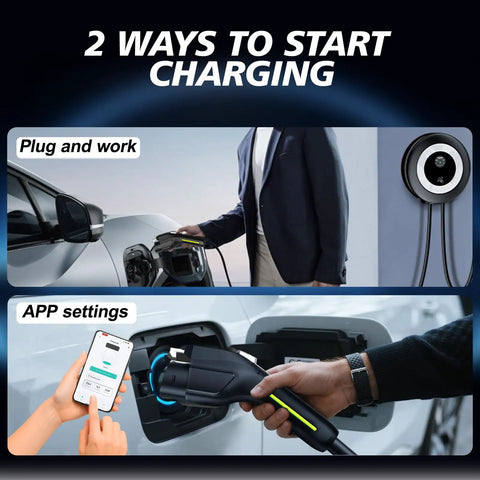 Two ways to start charging with Level 2 EV Charger 40A 9.6kW Fast Wall Home Charging Station and app settings.