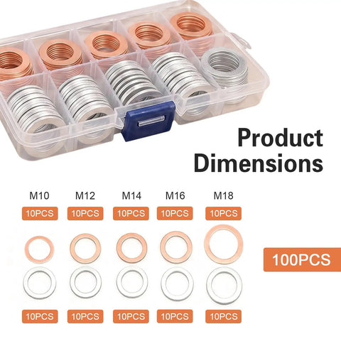 Oil Drain Plug Crush Washer Kit 100 Piece Set Copper And Aluminum Universal For Cars And Sedans M10 M12 M14 M16 M18