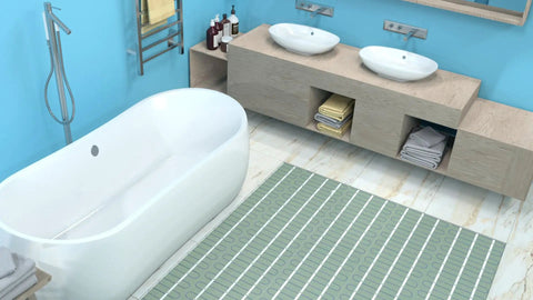 Bathroom with 9 Sq Ft Electric Heated Floor Mat For Fast Even Warmth Under Tile Or Stone Spa Like Bathroom Comfort Ultra Thin 1.5x6 Ft 120V TempZone Flex Easy Install And No Floor Raise visible on the floor.