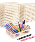Slick And Solid Plastic Storage Baskets For Classroom Organizing And Teacher Desk Organization Premium Beige Containers with pens and supplies.