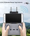 Hands holding RC controller with 5.8GHz Yagi Antenna Range Extender for DJI Mini 2 and Mavic Air 2 in outdoor setting.