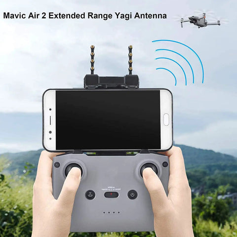 Hands holding RC controller with 5.8GHz Yagi Antenna Range Extender for DJI Mini 2 and Mavic Air 2 in outdoor setting.