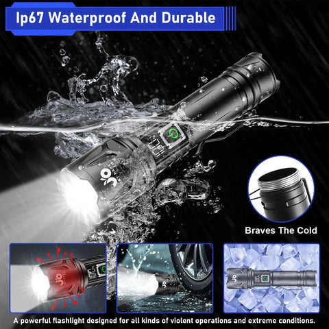 Beast Mode 100000 Lumen Flashlight With Zoom Beam, USB-C Rechargeable 5000mAh Battery submerged under water, showing durability