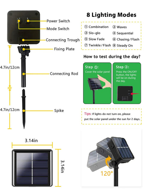 Diagram showing solar panel dimensions and assembly steps for Two Pack 200 LED Solar String Lights For Outdoors Waterproof With 8 Modes And Memory Function Auto On Off Warm White Party Ready For Xmas Trees Gardens Weddings Parties And More.